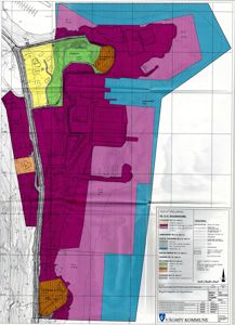 Situasjonsplan med fargekodet arealbruk (f.eks. bolig, industri, grønt) og topografi.