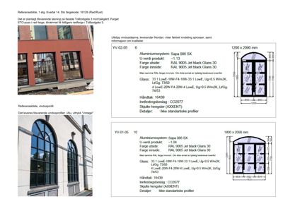 Fotografier av vindusprofiler og fasadeelementer med tilhørende tekniske spesifikasjoner for aluminiumssystemer.