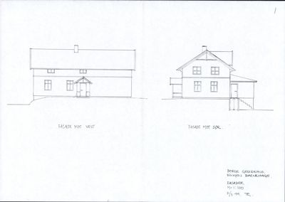Tegning som viser fasader av en bygning sett fra utsiden.