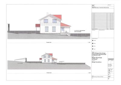 Fasadetegning av en bolig sett fra sør, med to perspektiver (1:100 og 1:200) som viser utvendig utforming.