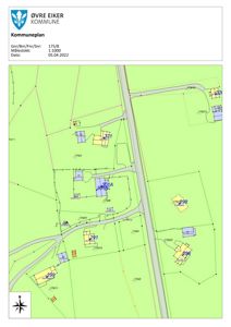 Kommuneplan som viser eiendomsgrenser, bygningstomter og vegnett i et område.