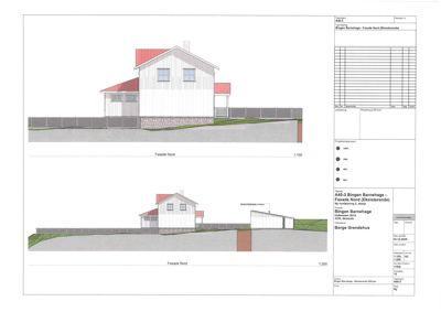 Fasadetegning som viser bygningens utseende sett fra nord, med to perspektiver (1:100 og 1:200).