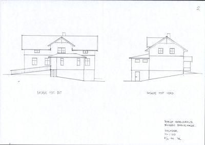 Tegning som viser fasaderetningene mot øst og nord for et bygg.