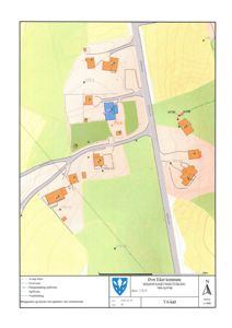 Situasjonsplan eller VA-kart som viser bygningsplassering, vegnett og terrengforhold i et område.