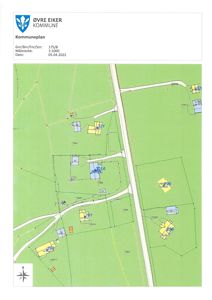Kommuneplan som viser eiendomsgrenser, bygninger og infrastruktur i Øvre Eiker kommune.