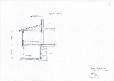 Snittegning av en bygning som viser høyder, takform og grunnmur.