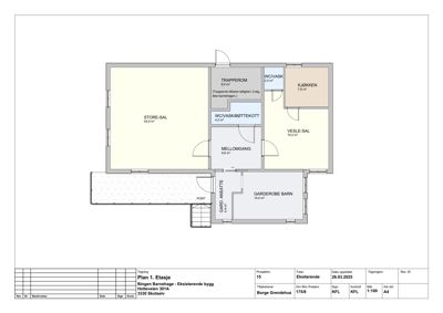 Etasjeplan (Plan 1. Etasje) som viser romfordeling, arealer og funksjoner i en eksisterende bygning.