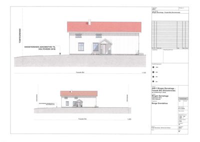 Fasadetegning som viser fronten av en eksisterende bygning sett fra to ulike vinkler (Fasade Øst).