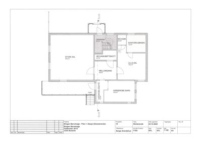 Etasjeplan (1. etasje) av Bingen Barnehage som viser romfordeling og arealer.