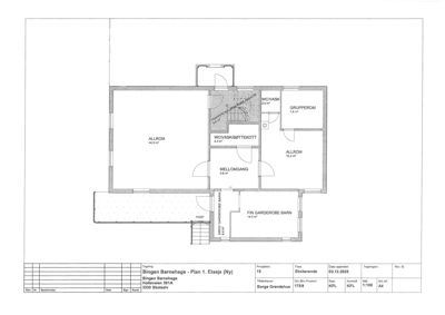 Etasjeplan for første etasje av Bingen Barnehage, som viser romfordeling og arealer.