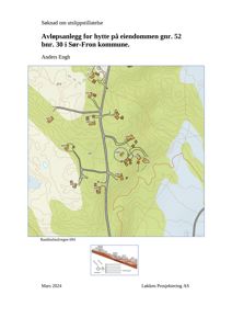 Bildet viser en topografisk kartutsnitt (Baukholstulvegen 694) som viser terrenget, høyder, veier og eiendomsnummer i området. Det er også en liten teknisk tegning av et utløpssystem nederst.