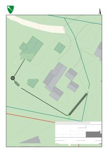 Situasjonsplan som viser tomtens beliggenhet, avløpsanlegg (pumpe, biofilter, mekanisk/kjemisk renseanlegg) og tilknytning til eksisterende infrastruktur.