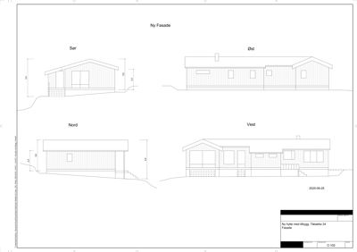 Fasadetegning som viser oppriss av en bygning sett fra fire sider (Sør, Øst, Nord og Vest) med angitte mål.