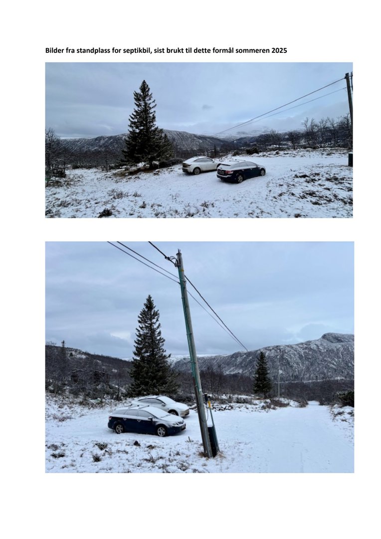 Fotografier av en snødekt tomt (standplass) med to parkerte biler og et elektrisitetsstolpe.