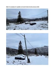 Fotografier av en snødekt tomt (standplass) med to parkerte biler og et elektrisitetsstolpe.