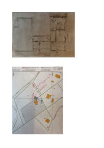 Bildet viser to tegninger: øverst en håndtegningsplan over et rom (trolig etasjeplan), og nederst en situasjonsplan med topografi, eiendomsinndeling og bygningsplassering.