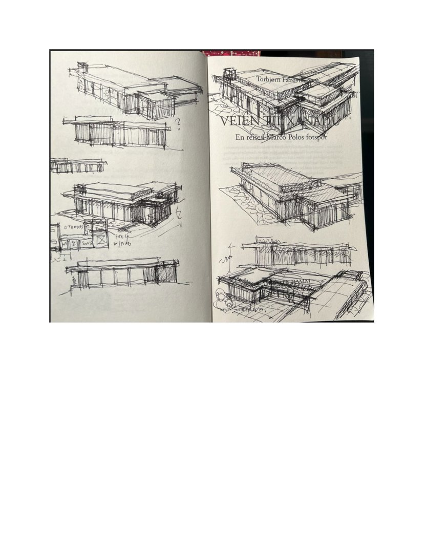 Et utkast eller skissebok med flere håndtegnede fasade- og perspektivskisser av en bygning.