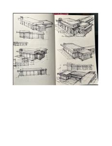 Et utkast eller skissebok med flere håndtegnede fasade- og perspektivskisser av en bygning.