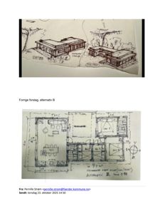 Bildet viser en håndtegnet etasjeplan (alternativ B) med romfordeling, møblering og mål, samt en skisse av fasade/utsikt overfor.