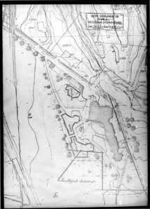 Situasjonsplan som viser tomtens form, omgivende infrastruktur (veier), terrengformning og plassering av bygninger.
