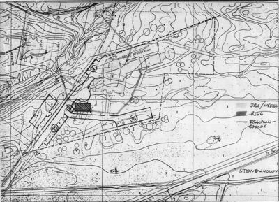 Situasjonsplan som viser topografi (konturlinjer), eksisterende og planlagt bebyggelse, vegforhold og terrengform.