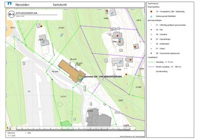 Situasjonsplan (D-1) som viser bygningens plassering i forhold til eiendomsgrenser, naboeiendommer og topografi.