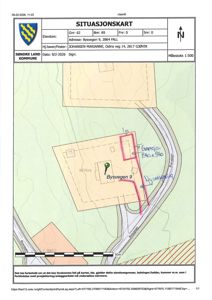 Situasjonskart som viser eiendomsgranser, vegforløp og bygningsplassering for Bysvegen 9.