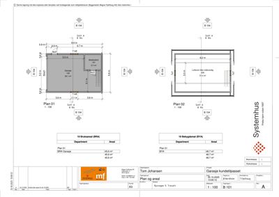 Plantegning som viser romfordeling og areal for en garasje (Plan 01) og et bebygdareal (Plan 02).