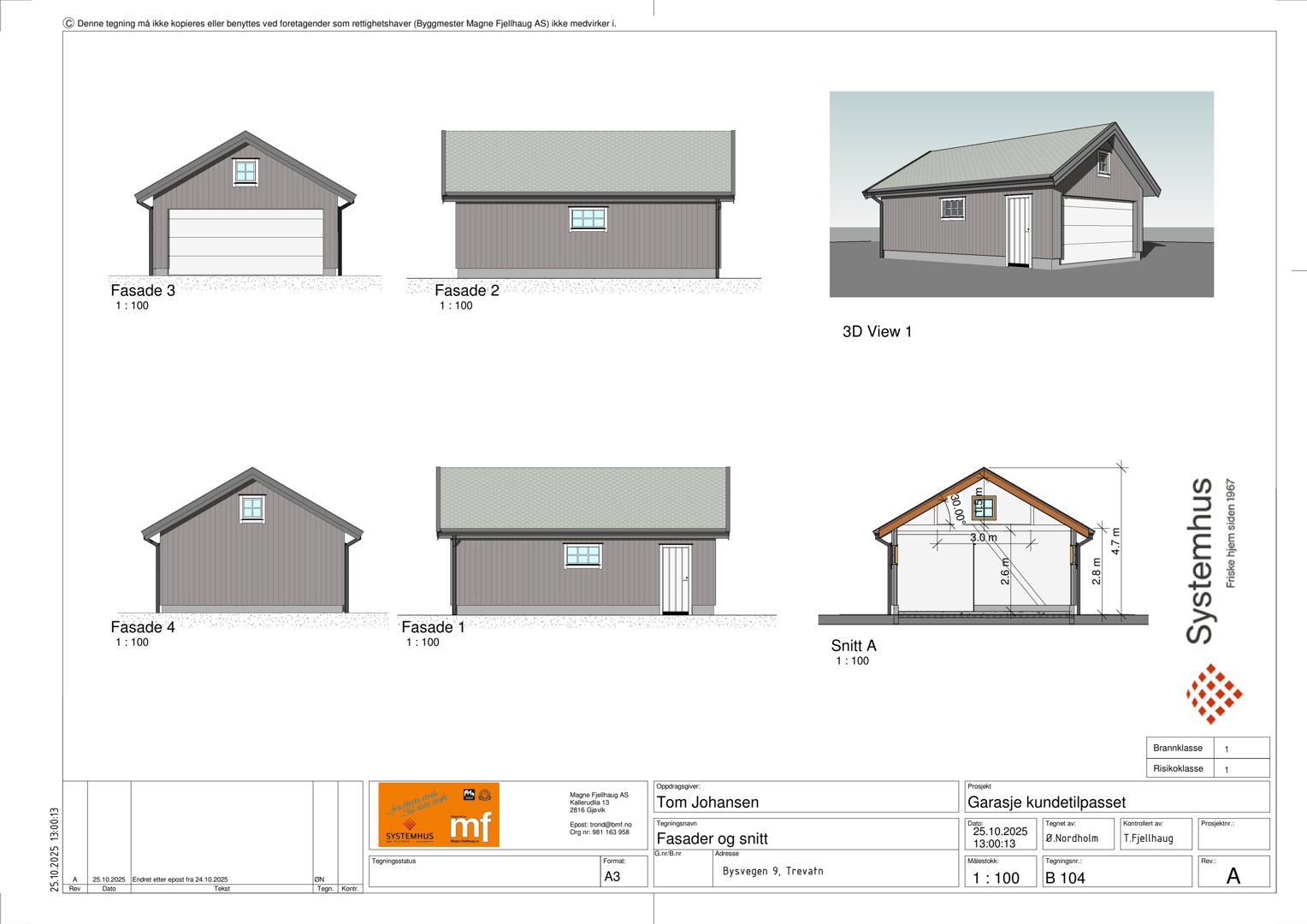 Fasadetegning og snitt for en garasje med oppgitt mål og skala.