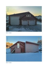 To fotografier av en garasje med snø på bakken. Bildene viser bygningens utseende fra ulike vinkler.