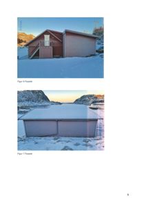 To fotografier av en bygning i snø, merket som 'Fasade' i teksten under bildene.