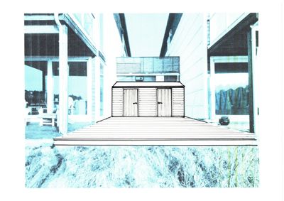 3D-visualisering av en liten uthus eller garasje plassert mellom to eksisterende bygninger, sett fra front.