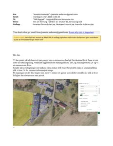 Et flyfoto (satellittbilde) av et område med bygninger og tomter, inkludert en markering på en terrasse.