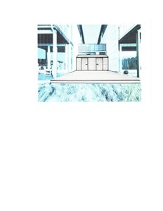 3D-visualisering (rendering) av en liten bygning, sannsynligvis et garasje eller uthus, sett fra foran med omgivelser.