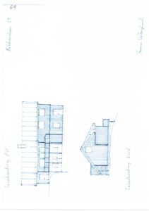 Håndtegnet fasadeoppvisning (opprikk) av en bygning sett fra to sider: 'Fasadeending Øst' og 'Fasadeending Nord'.