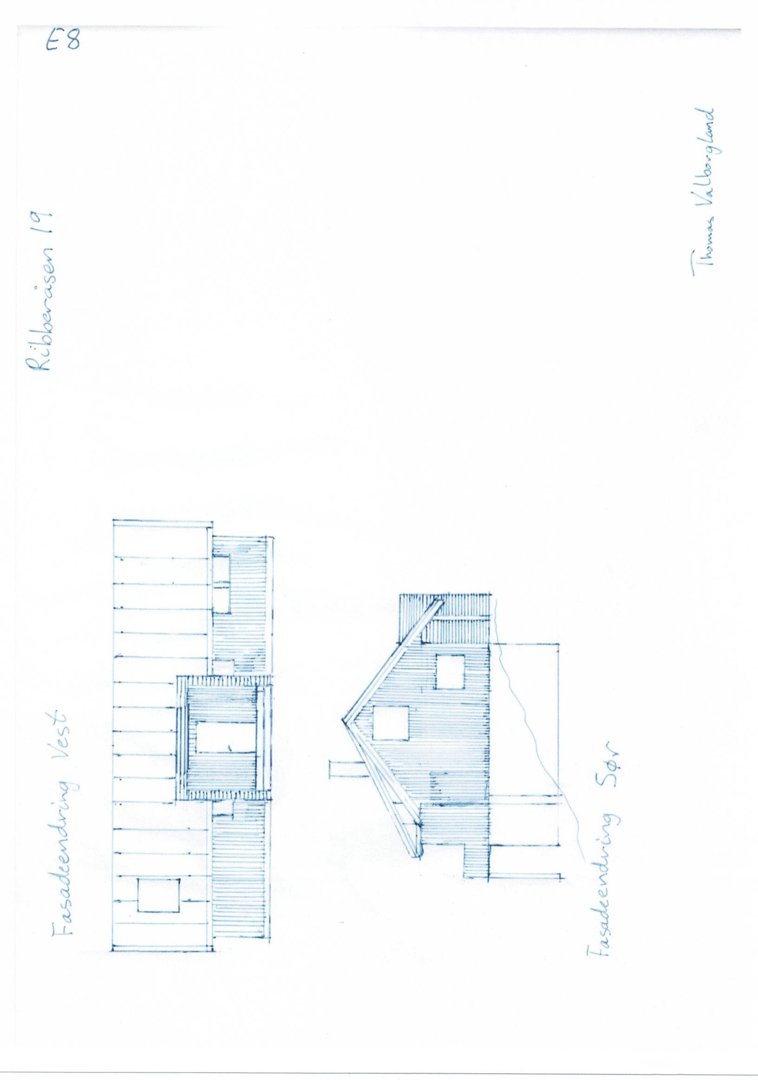 Håndtegnet fasadeopprikk (Fasade Vest og Fasade Sør) for en bygning på Ribbanisen 19.