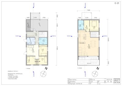 Plantegning som viser romfordeling og mål for 1. etasje (venstre) og 2. etasje (høyre) av en ENEBOLIG TYPE B-2.