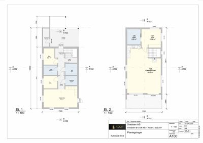 Etasjeplaner (Et. 1 og Et. 2) som viser romfordeling, arealer og dimensjoner for et hus.