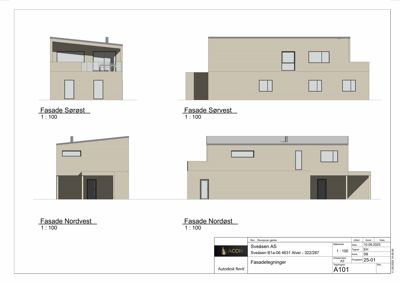 Fasadetegninger som viser bygningens utseende fra fire ulike retninger (Sørøst, Sørvest, Nordvest, Nordøst).