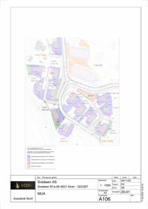 Situasjonsplan som viser tomtfordeling, felt og veier i et område.