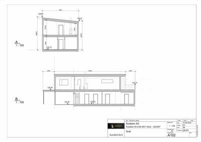 Snittegning (A-A og B-B) som viser tverrsnittet av en bygning med mål, høyder og romfordeling.
