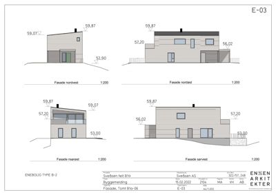 Fasadetegning som viser bygningens utseende fra alle fire sider (nordvest, nordest, sørøst, sørvest) med høydemål og skala.