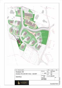 Situasjonsplan som viser tomtfordeling, veier og topografi for Sveåsen B1a-06.