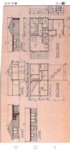 Bildet viser en komplett tegningssett for en bygning, som inkluderer fasadeopprikk, snitt, etasjeplaner (keller og 1. etasje) samt en situasjonsplan. Det er en teknisk tegning.