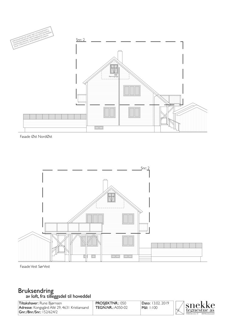 Fasadetegning som viser bygningens utseende fra to vinkler (Øst-NordØst og Vest-SørVest).