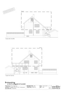 Fasadetegning som viser bygningens utseende fra to vinkler (Øst-NordØst og Vest-SørVest).