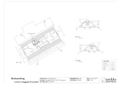 Etasjeplan (loft) med snittegninger (A-A og B-B) og oppgitt BRA-areal.