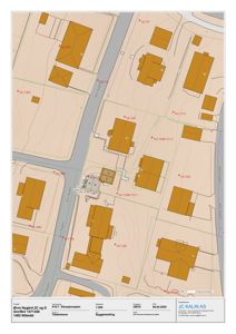 Situasjonsplan som viser tomtens plassering i forhold til nabolag, vegger og andre eiendommer.