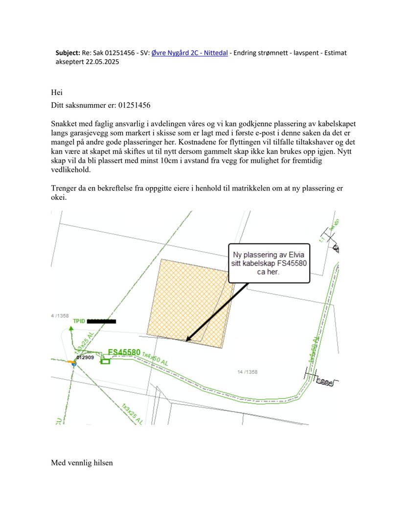Situasjonsplan som viser plassering av et nytt kabelskap (Elvia FS45580) i forhold til garasjevegg og eksisterende infrastruktur.