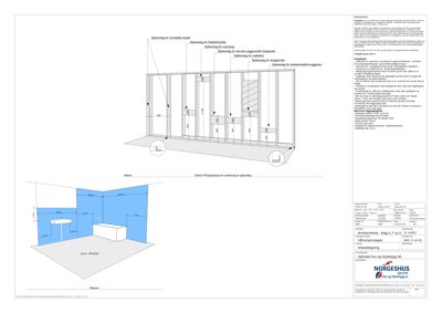 Tegning som viser detaljert oppriss av en toalettromsoppsett med spesifikke mål og plassering av elementer.